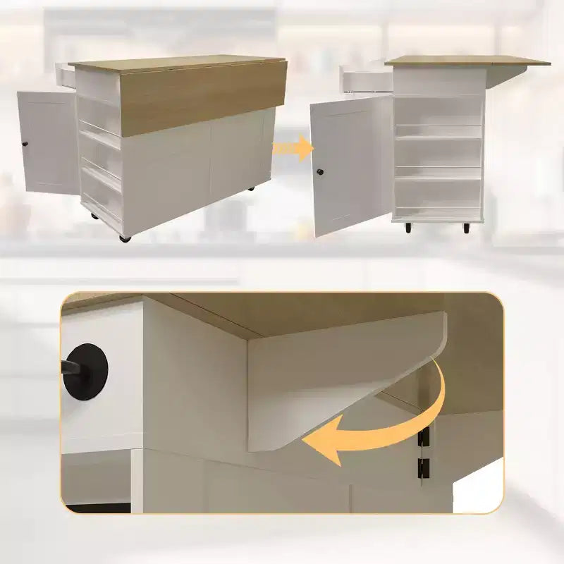 Îlot de cuisine mobile de 120 cm avec plan de travail à abattant, station de recharge, desserte de cuisine roulante avec étagères coulissantes, tiroirs, porte-épices