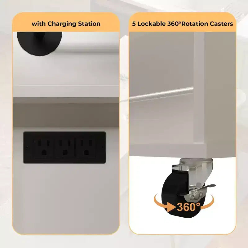 Îlot de cuisine mobile de 120 cm avec plan de travail à abattant, station de recharge, desserte de cuisine roulante avec étagères coulissantes, tiroirs, porte-épices