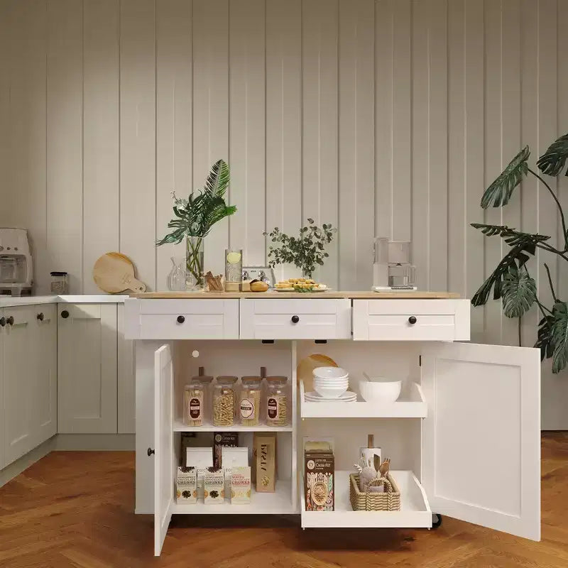 Îlot de cuisine mobile de 120 cm avec plan de travail à abattant, station de recharge, desserte de cuisine roulante avec étagères coulissantes, tiroirs, porte-épices