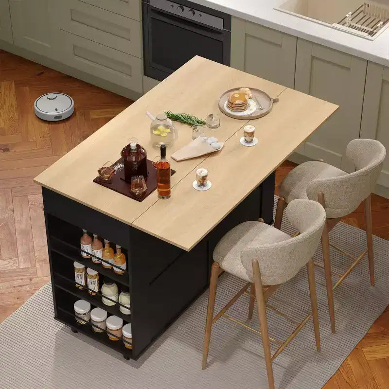 Îlot de cuisine mobile de 120 cm avec plan de travail à abattant, station de recharge, desserte de cuisine roulante avec étagères coulissantes, tiroirs, porte-épices