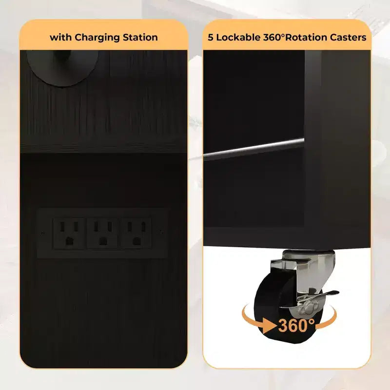 Îlot de cuisine mobile de 120 cm avec plan de travail à abattant, station de recharge, desserte de cuisine roulante avec étagères coulissantes, tiroirs, porte-épices