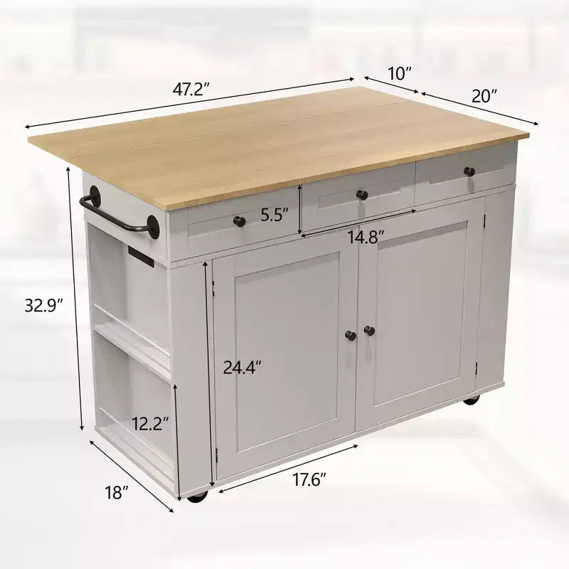 Îlot de cuisine mobile de 120 cm avec plan de travail à abattant, station de recharge, desserte de cuisine roulante avec étagères coulissantes, tiroirs, porte-épices