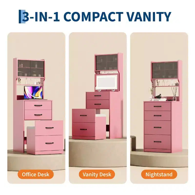 COZONY Coiffeuse 3-en-1 avec LED 3 Couleurs, Table de Maquillage avec Tiroirs et Portes en Acrylique, Ensemble de Maquillage Compact avec 2 Prises CA et USB, Table de Chevet