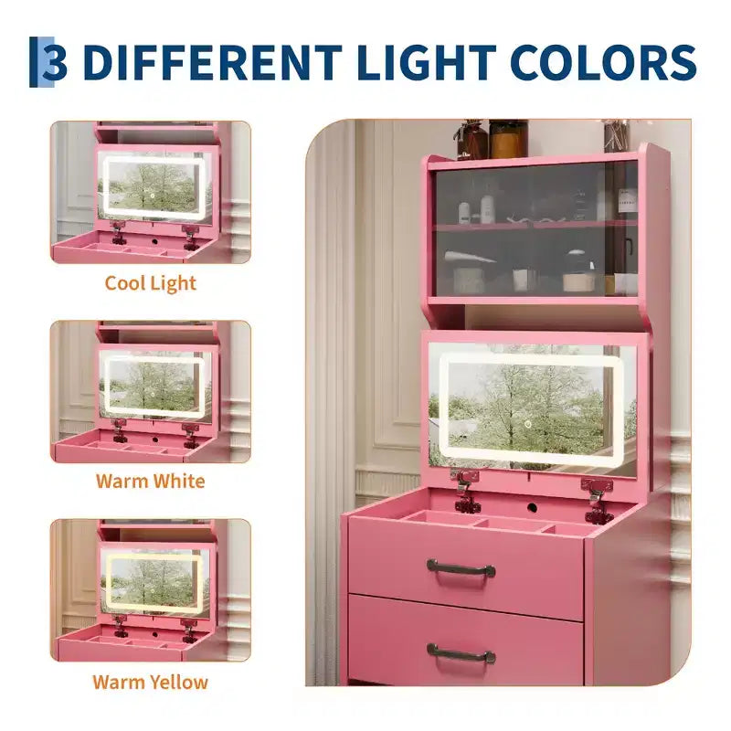 COZONY Coiffeuse 3-en-1 avec LED 3 Couleurs, Table de Maquillage avec Tiroirs et Portes en Acrylique, Ensemble de Maquillage Compact avec 2 Prises CA et USB, Table de Chevet