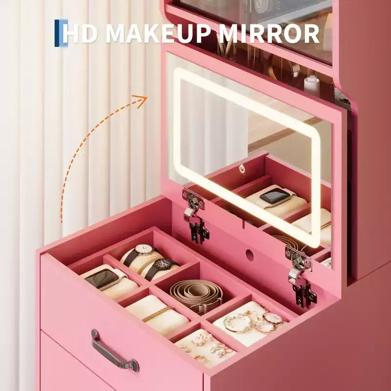 COZONY Coiffeuse 3-en-1 avec LED 3 Couleurs, Table de Maquillage avec Tiroirs et Portes en Acrylique, Ensemble de Maquillage Compact avec 2 Prises CA et USB, Table de Chevet
