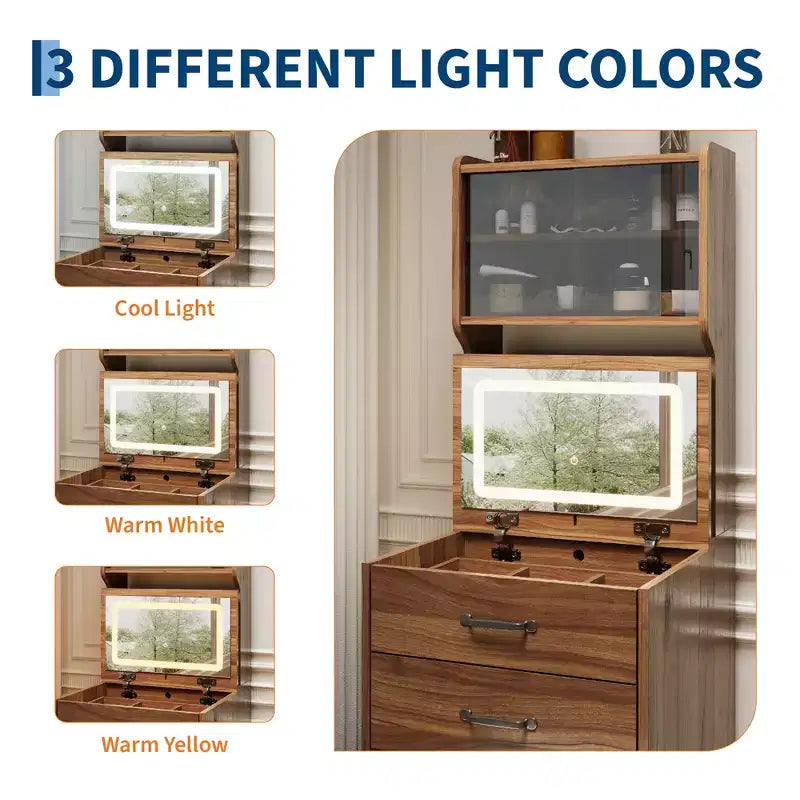 COZONY Coiffeuse 3-en-1 avec LED 3 Couleurs, Table de Maquillage avec Tiroirs et Portes en Acrylique, Ensemble de Maquillage Compact avec 2 Prises CA et USB, Table de Chevet