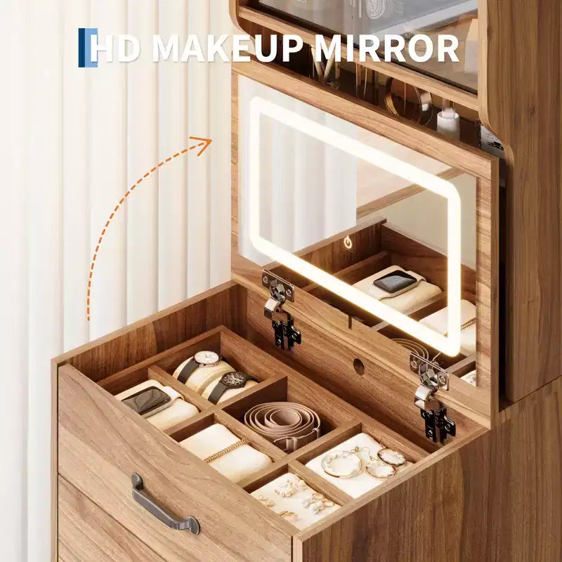 COZONY Coiffeuse 3-en-1 avec LED 3 Couleurs, Table de Maquillage avec Tiroirs et Portes en Acrylique, Ensemble de Maquillage Compact avec 2 Prises CA et USB, Table de Chevet