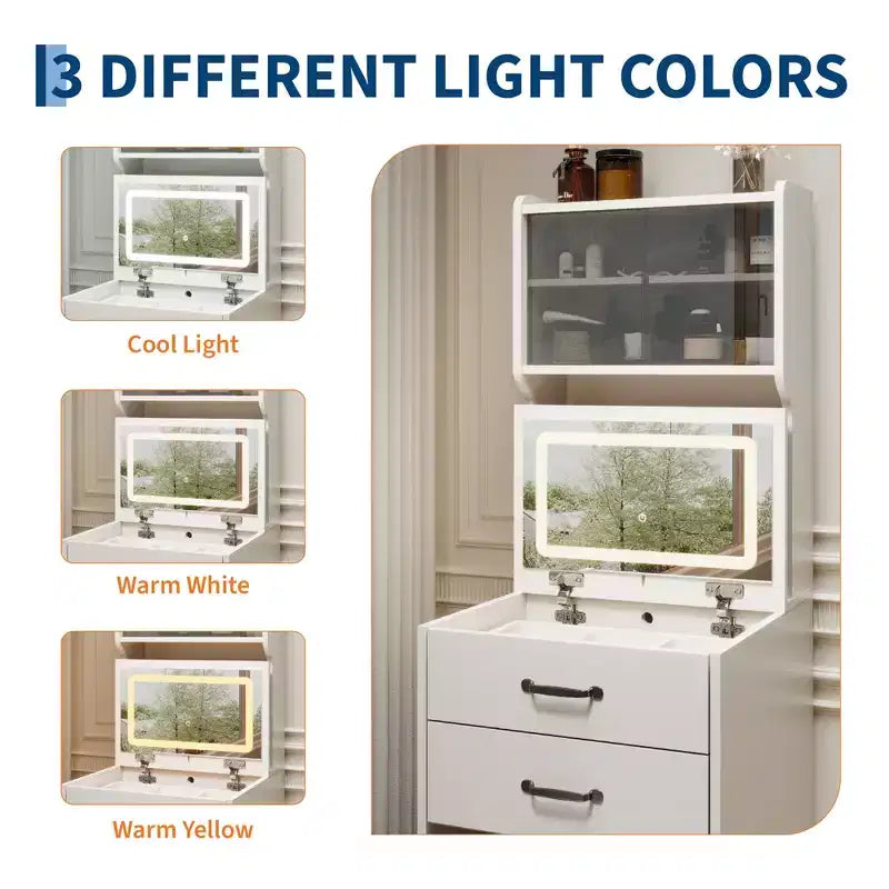 COZONY Coiffeuse 3-en-1 avec LED 3 Couleurs, Table de Maquillage avec Tiroirs et Portes en Acrylique, Ensemble de Maquillage Compact avec 2 Prises CA et USB, Table de Chevet