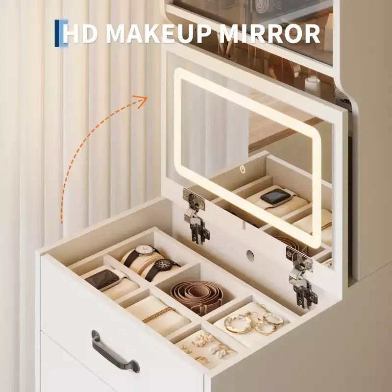 COZONY Coiffeuse 3-en-1 avec LED 3 Couleurs, Table de Maquillage avec Tiroirs et Portes en Acrylique, Ensemble de Maquillage Compact avec 2 Prises CA et USB, Table de Chevet
