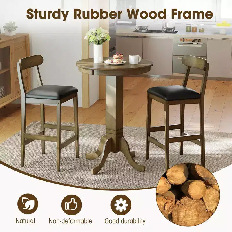 Costway Table de bar ronde 76 cm avec cadre en bois d'hévéa, pied élégant pour salle à manger Expresso/Gris chêne