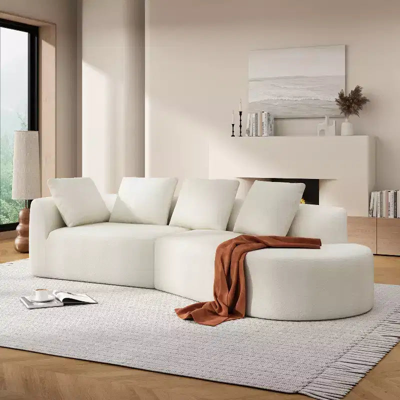Canapé d'angle moderne incurvé de 295 cm avec éponge haute densité, revêtement perle, pour salon