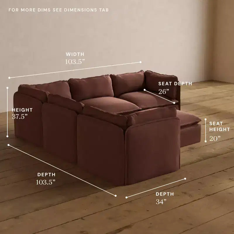 Canapé d'angle modulable 5 places lavable Anabei + pouf | Assise Deluxe+ et coussin Cloud