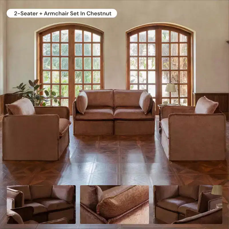 Canapé d'angle modulable 5 places lavable Anabei + pouf | Assise Deluxe+ et coussin Cloud