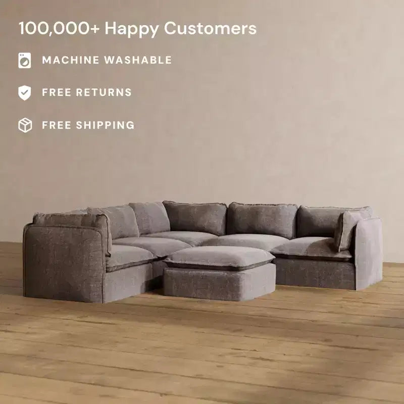 Canapé d'angle modulable 5 places lavable Anabei + pouf | Assise Deluxe+ et coussin Cloud