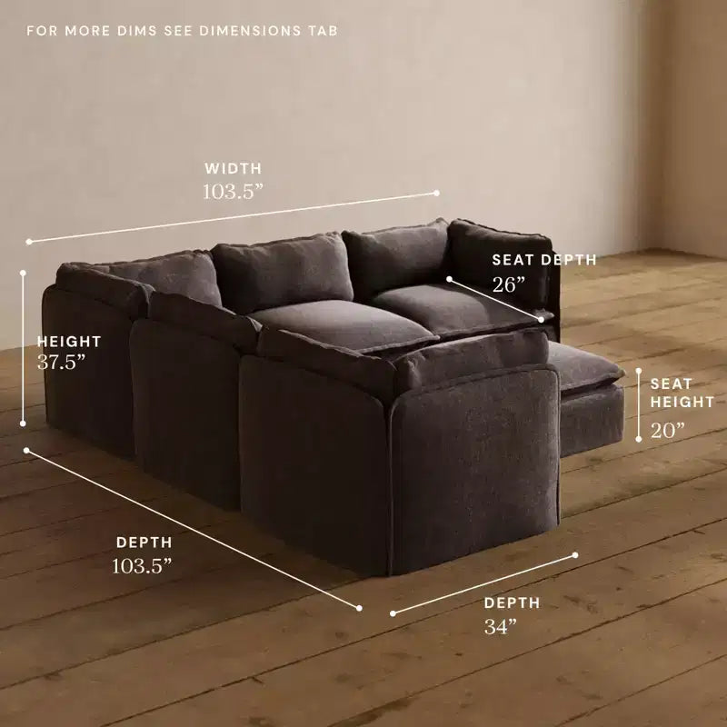 Canapé d'angle modulable 5 places lavable Anabei + pouf | Assise Deluxe+ et coussin Cloud