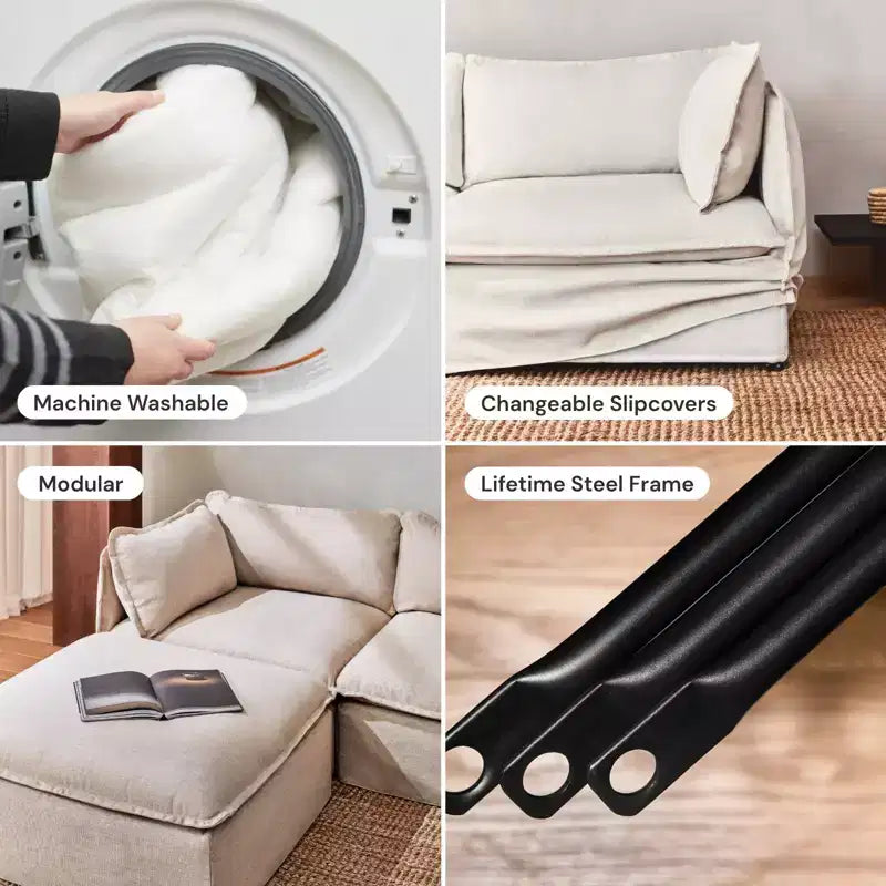 Canapé d'angle modulable 5 places lavable Anabei + pouf | Assise Deluxe+ et coussin Cloud
