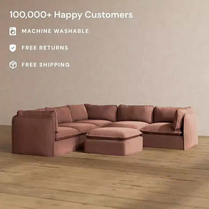 Canapé d'angle modulable 5 places lavable Anabei + pouf | Assise Deluxe+ et coussin Cloud