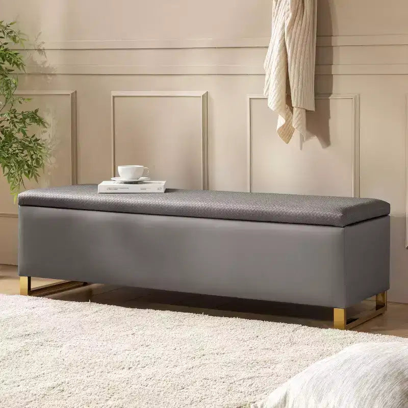 Banc de rangement Amalia avec deux poufs et motifs tissés en losange|ART OF LIVING DESIGNS