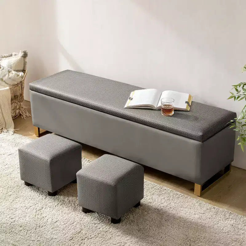 Banc de rangement Amalia avec deux poufs et motifs tissés en losange|ART OF LIVING DESIGNS