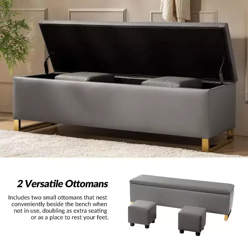 Banc de rangement Amalia avec deux poufs et motifs tissés en losange|ART OF LIVING DESIGNS