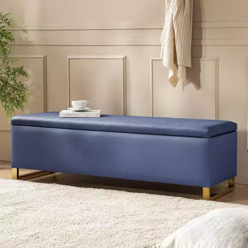 Banc de rangement Amalia avec deux poufs et motifs tissés en losange|ART OF LIVING DESIGNS