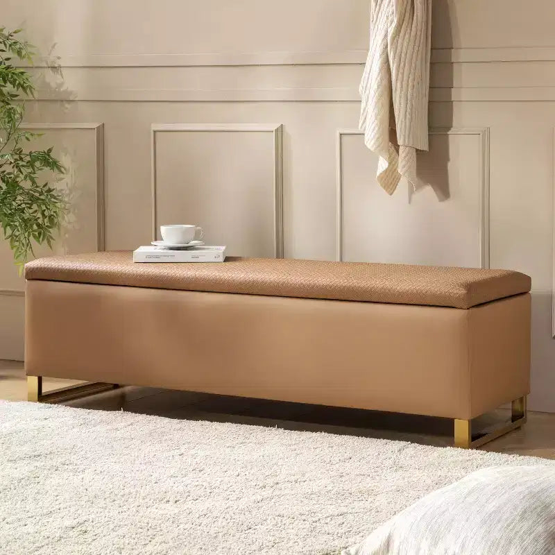 Banc de rangement Amalia avec deux poufs et motifs tissés en losange|ART OF LIVING DESIGNS