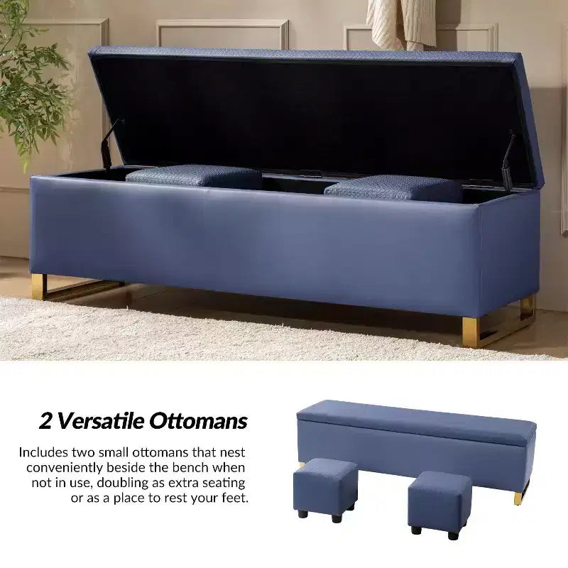 Banc de rangement Amalia avec deux poufs et motifs tissés en losange|ART OF LIVING DESIGNS