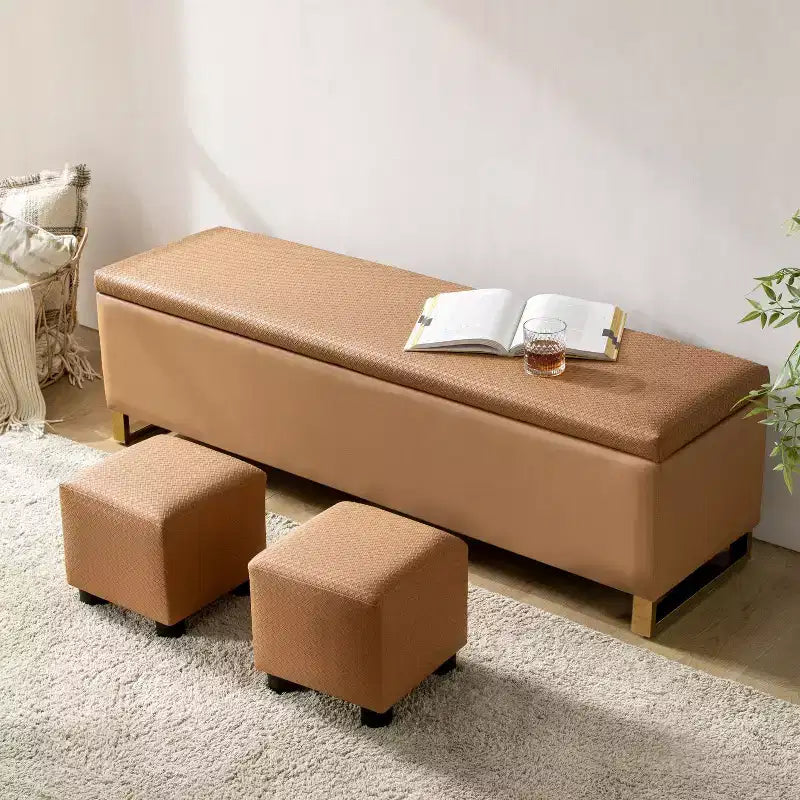 Banc de rangement Amalia avec deux poufs et motifs tissés en losange|ART OF LIVING DESIGNS