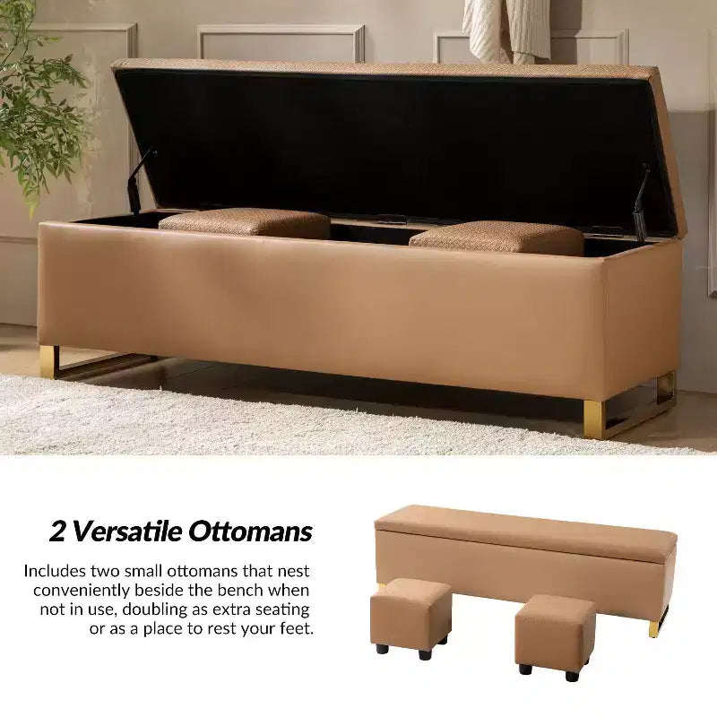 Banc de rangement Amalia avec deux poufs et motifs tissés en losange|ART OF LIVING DESIGNS