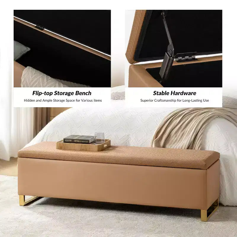 Banc de rangement Amalia avec deux poufs et motifs tissés en losange|ART OF LIVING DESIGNS