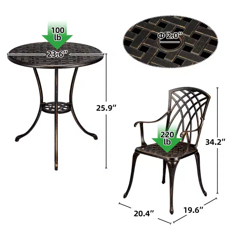 Ensemble bistro 3 pièces pour extérieur, chaises et table en fonte d'aluminium avec trou pour parasol, pieds réglables pour jardin