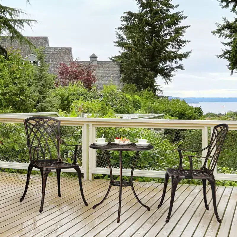 Ensemble bistro 3 pièces pour extérieur, chaises et table en fonte d'aluminium avec trou pour parasol, pieds réglables pour jardin