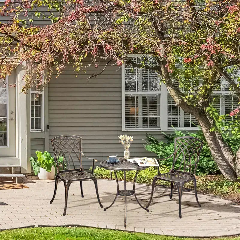 Ensemble bistro 3 pièces pour extérieur, chaises et table en fonte d'aluminium avec trou pour parasol, pieds réglables pour jardin