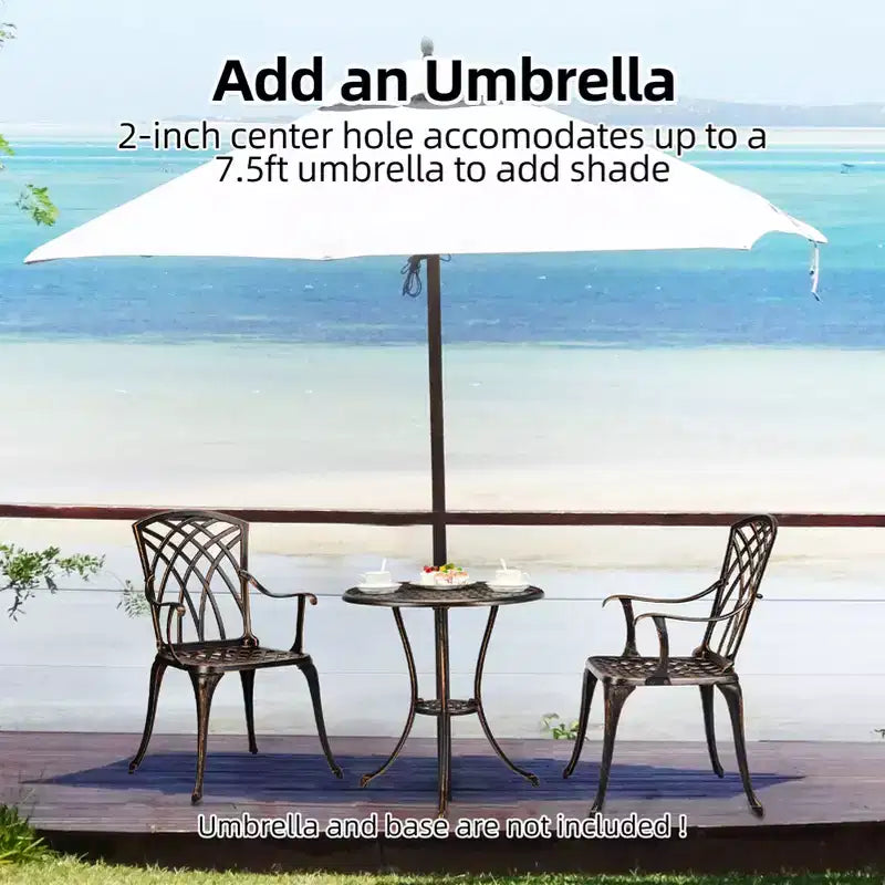 Ensemble bistro 3 pièces pour extérieur, chaises et table en fonte d'aluminium avec trou pour parasol, pieds réglables pour jardin