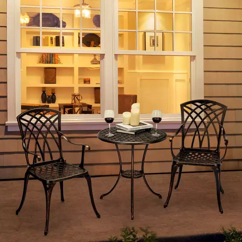 Ensemble bistro 3 pièces pour extérieur, chaises et table en fonte d'aluminium avec trou pour parasol, pieds réglables pour jardin
