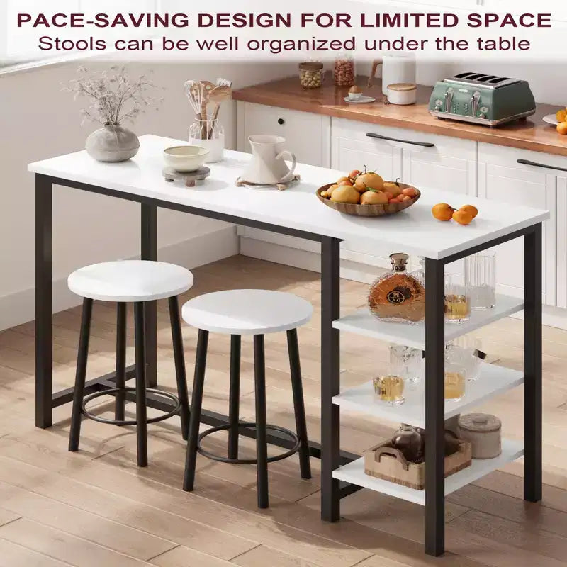 Ensemble table de bar et chaises compact, design peu encombrant avec 3 grandes étagères de rangement, parfait pour les petits appartements, bureaux ou bars.