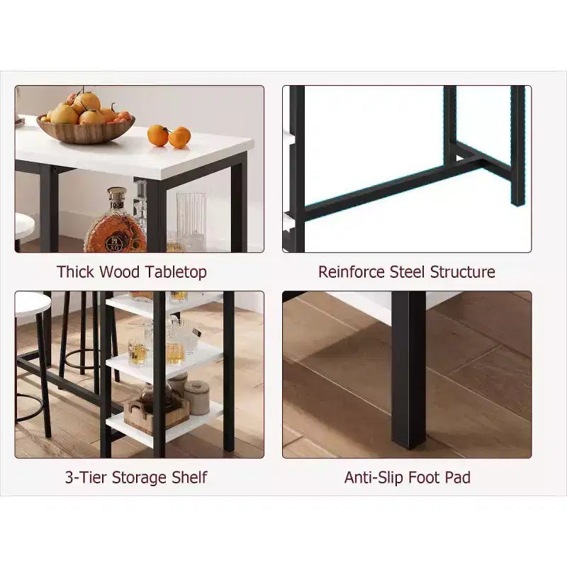 Ensemble table de bar et chaises compact, design peu encombrant avec 3 grandes étagères de rangement, parfait pour les petits appartements, bureaux ou bars.