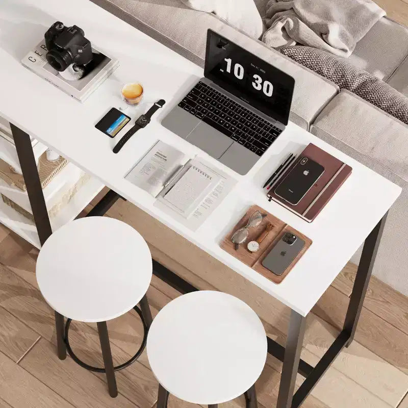 Ensemble table de bar et chaises compact, design peu encombrant avec 3 grandes étagères de rangement, parfait pour les petits appartements, bureaux ou bars.