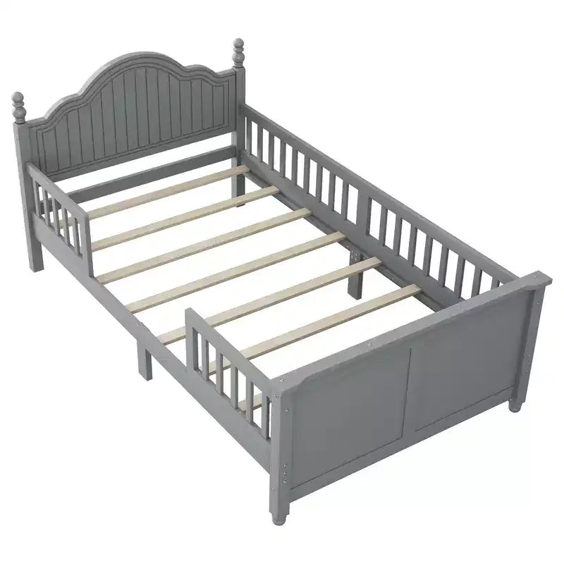 Cadre de lit double Whisen, lit plateforme en bois avec tête et pied de lit, avec garde-corps de sécurité périphériques