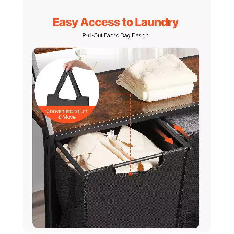 VEVOR Trieur à Linge à 2 Niveaux, Panier à Linge Haut avec Cadre Métallique et Plateau en Bois, Rangement à 3 Sections avec roulettes, Noir