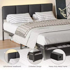 Cadre de lit queen rembourré gris avec 2 tiroirs de rangement Tête de lit réglable Lumières LED Station de recharge Lattes métalliques Plateforme Aucun sommier tapissier requis