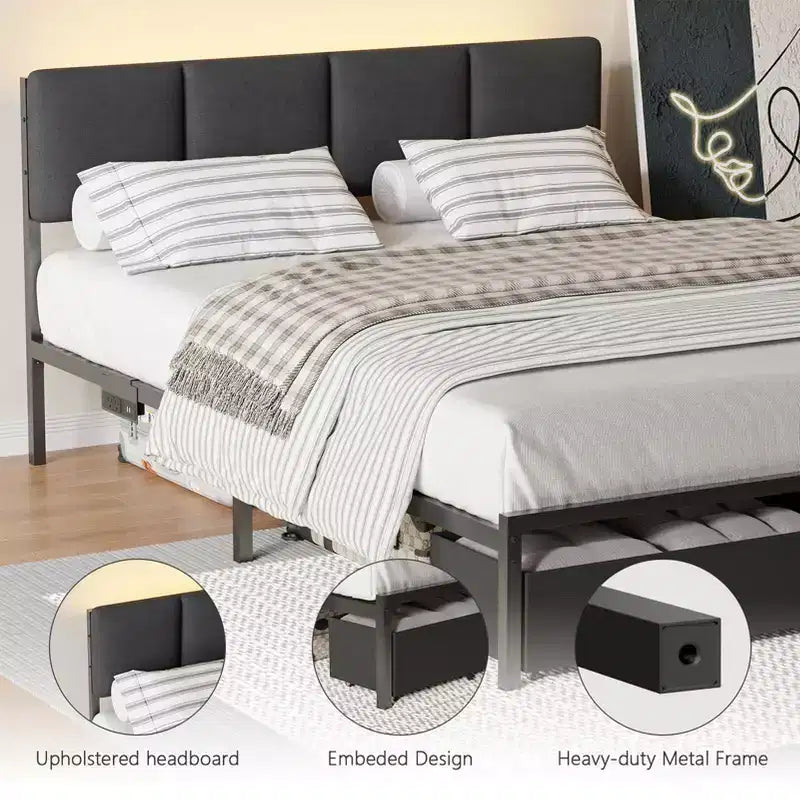 Cadre de lit queen rembourré gris avec 2 tiroirs de rangement Tête de lit réglable Lumières LED Station de recharge Lattes métalliques Plateforme Aucun sommier tapissier requis