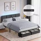 Cadre de lit queen rembourré gris avec 2 tiroirs de rangement Tête de lit réglable Lumières LED Station de recharge Lattes métalliques Plateforme Aucun sommier tapissier requis