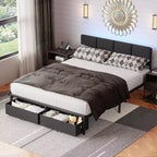 Cadre de lit queen rembourré gris avec 2 tiroirs de rangement Tête de lit réglable Lumières LED Station de recharge Lattes métalliques Plateforme Aucun sommier tapissier requis