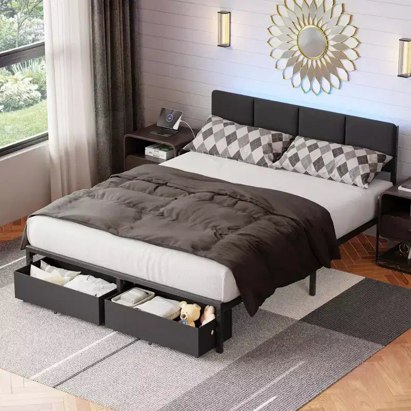 Cadre de lit queen rembourré gris avec 2 tiroirs de rangement Tête de lit réglable Lumières LED Station de recharge Lattes métalliques Plateforme Aucun sommier tapissier requis