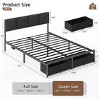 Cadre de lit queen rembourré gris avec 2 tiroirs de rangement Tête de lit réglable Lumières LED Station de recharge Lattes métalliques Plateforme Aucun sommier tapissier requis