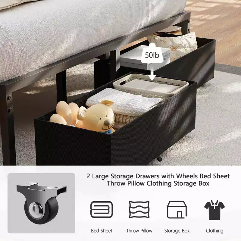 Cadre de lit queen rembourré gris avec 2 tiroirs de rangement Tête de lit réglable Lumières LED Station de recharge Lattes métalliques Plateforme Aucun sommier tapissier requis