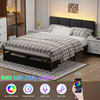 Cadre de lit queen rembourré gris avec 2 tiroirs de rangement Tête de lit réglable Lumières LED Station de recharge Lattes métalliques Plateforme Aucun sommier tapissier requis