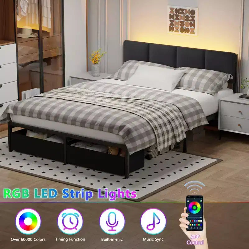 Cadre de lit queen rembourré gris avec 2 tiroirs de rangement Tête de lit réglable Lumières LED Station de recharge Lattes métalliques Plateforme Aucun sommier tapissier requis
