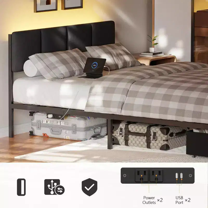 Cadre de lit queen rembourré gris avec 2 tiroirs de rangement Tête de lit réglable Lumières LED Station de recharge Lattes métalliques Plateforme Aucun sommier tapissier requis